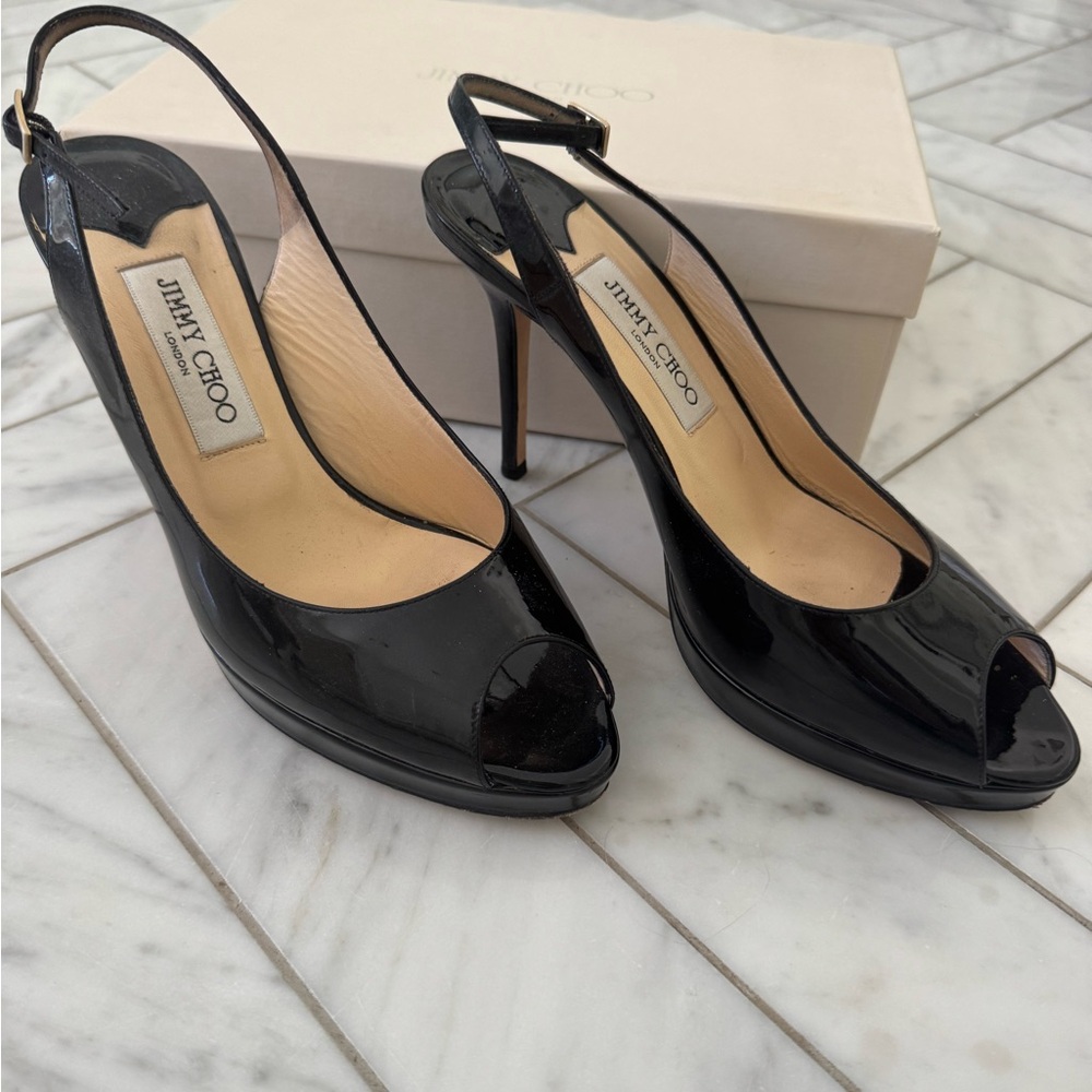 Jimmy Choo Nova peep toe, black patent leather sling back platform pumps